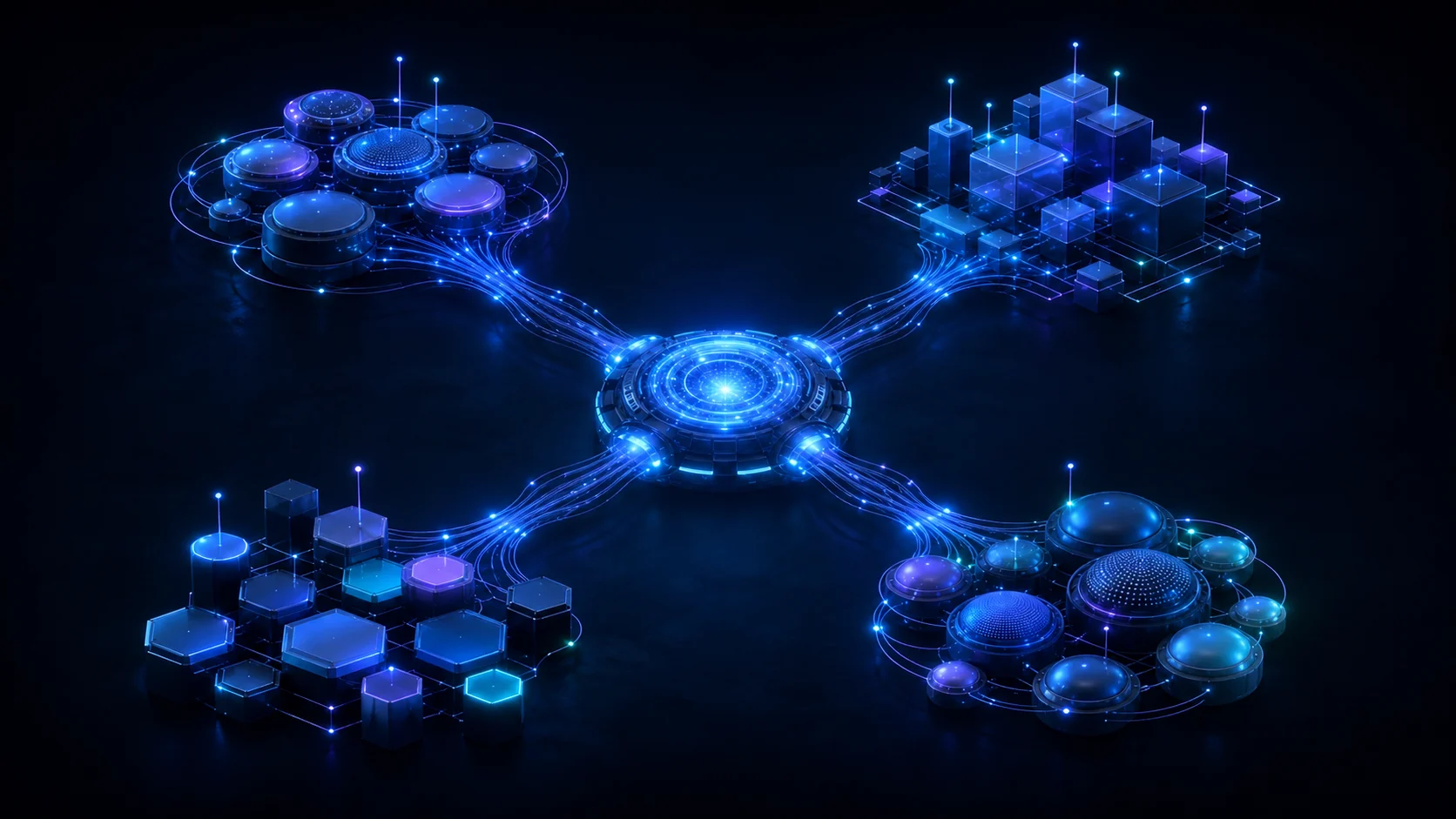 Core engine connected to four ecosystem layers.