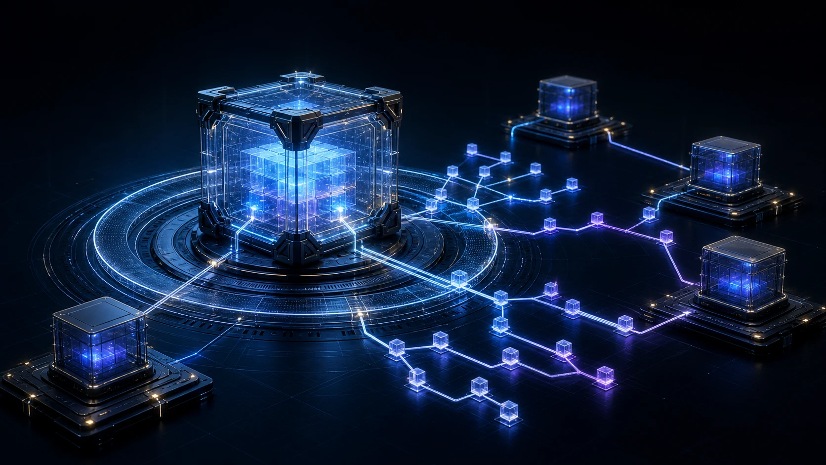 A transparent NovaX vault core connected to a cryptographic evidence network.